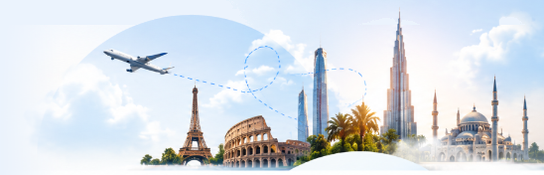 World landmarks with airplane